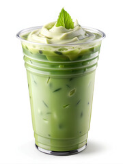 Green milk tea in plastic glass, isolated on white background, Photorealism