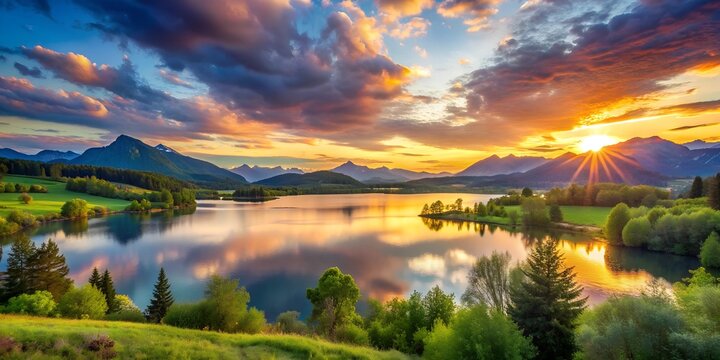 Enchanting Sunset Landscape with greenary and lake mountains and picturesque colorful sunset on background of landscape Generati