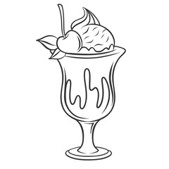 Ice cream in glass cup icon, doodle sundae scoop with chocolate glaze and cherry. Funny retro sketch of sundae bowl. Frozen sweet dessert mascot, hand drawn ice cream icon vector illustration