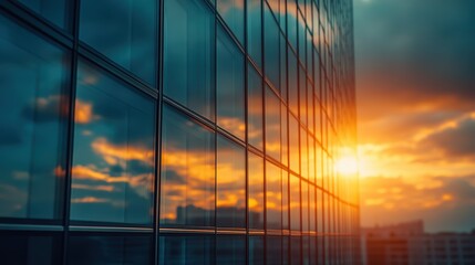 Modern Office Building with Reflective Glass Windows at Sunset Capturing Urban Architecture and Vibrant Sky Colors