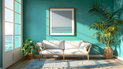 A bright and airy living room with a white sofa, a large window overlooking the ocean, and a framed print of a seascape. The walls are painted in a calming teal hue and the room is decorated with trop