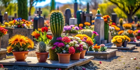 Colorful flowers and cacti on a grave in a cemetery Creative AI