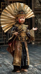 A young child performs in a vibrant traditional outfit, showcasing cultural heritage during a festive celebration
