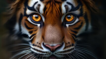 A tiger with a yellow eye staring at the camera