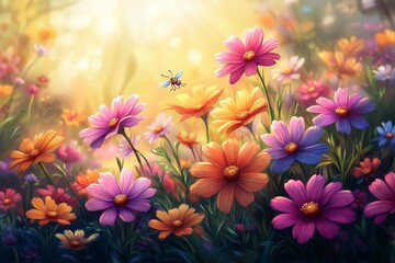 Fototapeta premium A vibrant and enchanting wildflower meadow bathed in the golden light of sunrise.