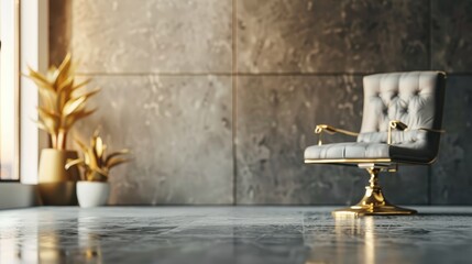 Luxurious modern interior with a stylish chair and elegant plants, featuring sleek concrete walls and abundant natural light.