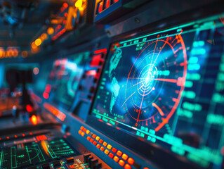 A computer monitor displays a radar screen with a red dot in the center