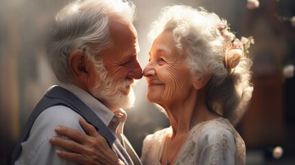 Smiling senior couple dancing while looking at each other