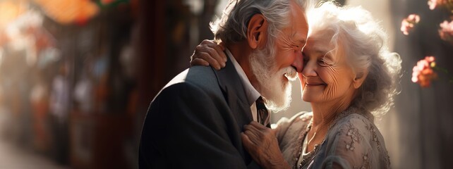 Smiling senior couple dancing while looking at each other