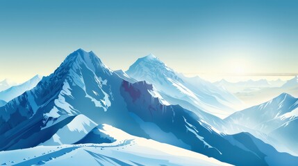 Obraz premium Stunning digital illustration of a serene mountain landscape with snow-capped peaks and a bright, clear sky in the background.