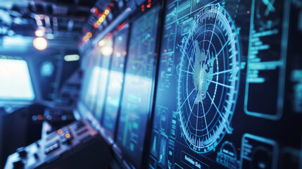 A computer monitor displays a map of the world with a compass on it