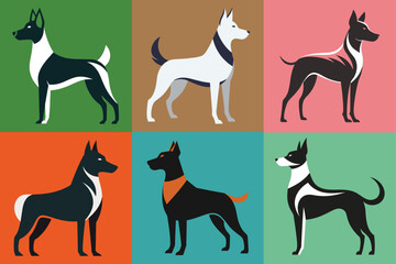 Modern Minimalist Dog Illustrations - Vector Art Collection. Discover a stunning collection of six modern, minimalist dog illustrations, each set against vibrant, colored backgrounds.