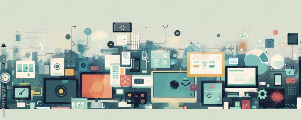 Poster abstract digital art representing interconnected technology devices and data flow in a futuristic an