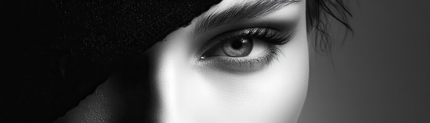 Close-Up Black and White Portrait of a Woman's Eye Partially Covered by a Hat
