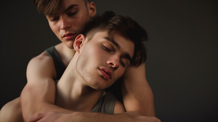 Naklejka premium A tender moment beautifully captured within a studio setting, showcasing the strong bond and warmth that exists between these two young men, highlighting their deep emotional connection and affection