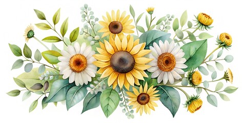 Naklejka premium Watercolor floral illustration Bouquet of sunflowers chamomile and eucalyptus isolated on white background AI-Created Content