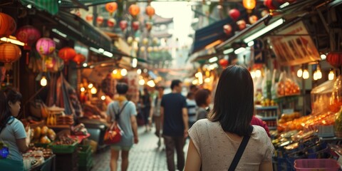 Tourist exploring a bustling Asian street market, capturing the cultural diversity and local flavors of travel