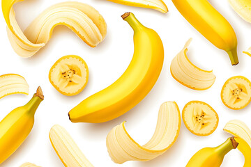 A seamless pattern illustration of banana slices and whole bananas floating.