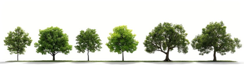 Obraz premium A row of six different trees with lush green foliage, isolated on a white background, showing various stages of growth and types of leaves.