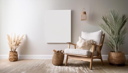 Canvas mockup in minimalist interior background with armchair and rustic decor.Front view