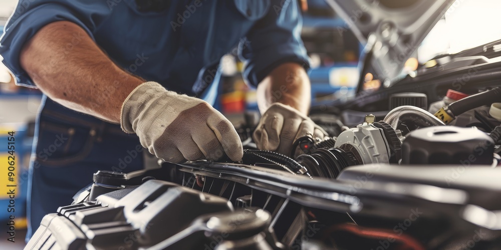 Wall mural close-up of a mechanic inspecting a car engine, emphasizing automotive system maintenance