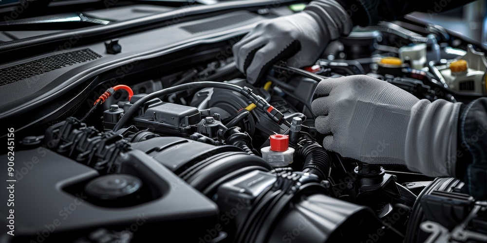 Poster close-up of a mechanic inspecting a car engine, emphasizing automotive system maintenance
