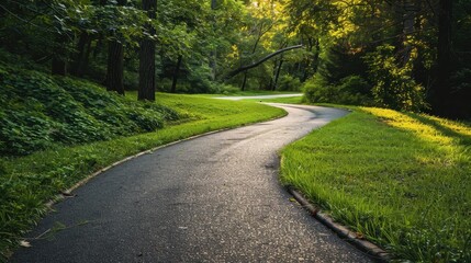 Obraz premium A peaceful winding path in a lush green park with trees and sunlight filtering through, perfect for nature walks and outdoor activities.