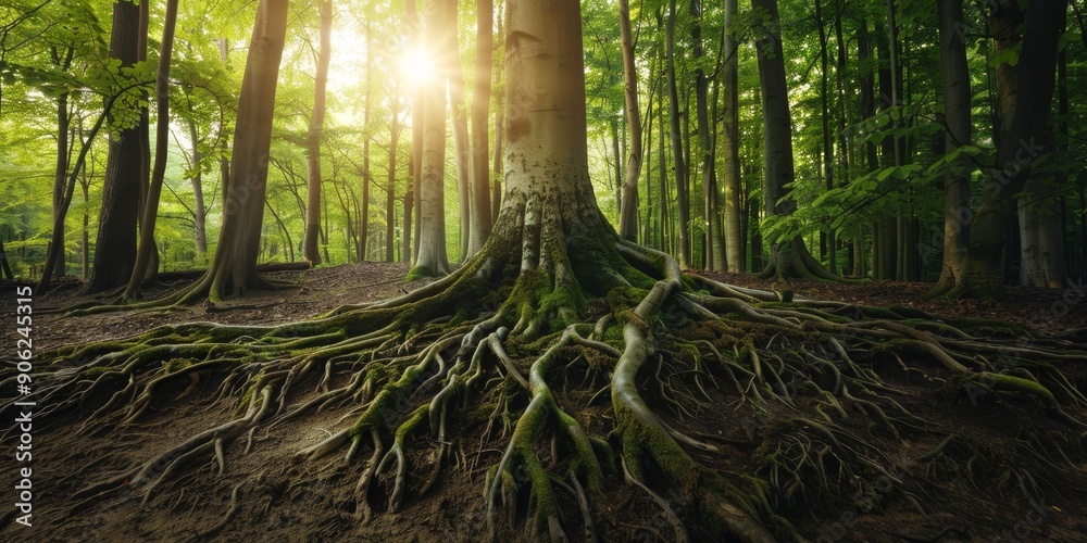 Aufkleber Abstract forest ecosystem with interconnected roots, symbolizing ecological system maintenance
