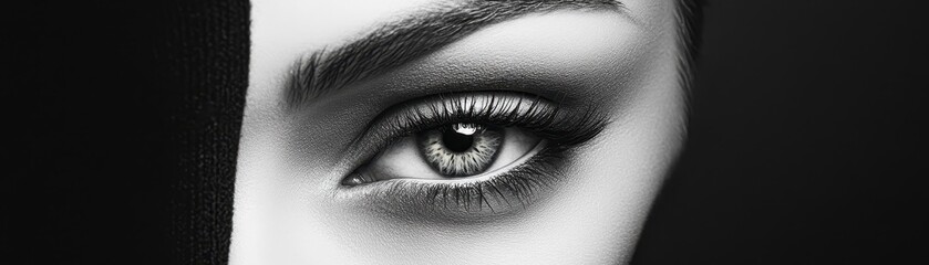 Close-Up of a Beautiful Eye with Dramatic Makeup in Black and White, Highlighting Eyelashes and Eyebrow
