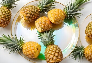 Raw pineapple with golden edges serving plate, a bunch of delicious pineapple in plate