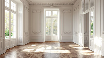 A spacious, sunlit room with large windows and white walls adorned with intricate moldings. The wooden floors are in a parquet pattern, adding a touch of elegance to the space.