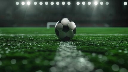 Obraz premium Soccer ball on a field under bright stadium lights, depicting a night football match atmosphere with focus on the ball and blurred background.