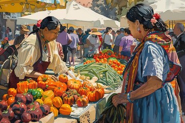 Obraz premium Columbus Day outdoor market, selling cultural items, community engagement, realistic illustration