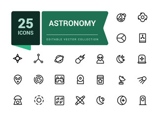 Astronomy icon collection. Set of icons related to space and astronomy. Outline symbols collection. Minimal Linear icon editable vector stroke illustration.