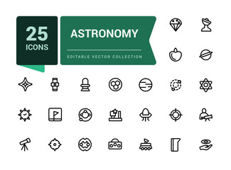 Astronomy icon collection. Set of icons related to space and astronomy. Outline symbols collection. Minimal Linear icon editable vector stroke illustration.