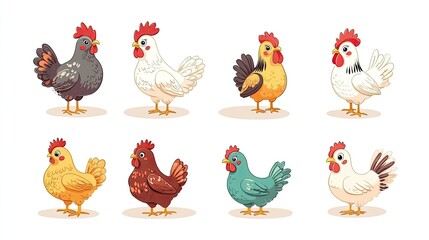 Adorable cartoon chickens and chicks, various breeds, funny and friendly pets, vector set, joyful and happy chickens