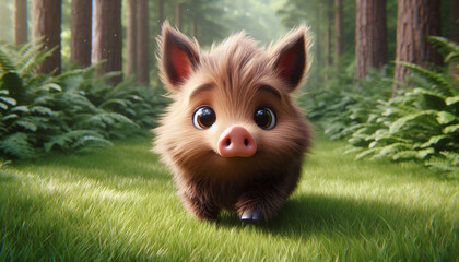 Adorable 3d furry boar with big eyes on grass in a forest