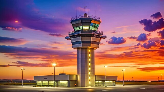 Airport Control Tower at Sunset.