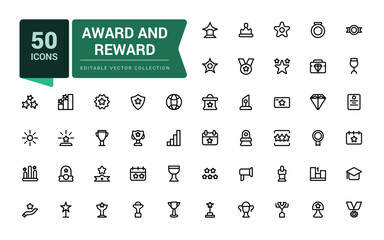 Award And Reward icon set. Minimal outline icons related to award, reward, badge, success. Linear icon collection. Editable vector stroke.