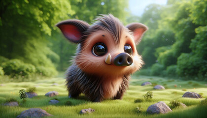 Obraz premium Adorable 3d furry boar with big eyes on grass in a forest