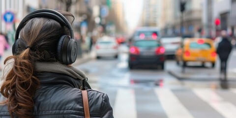 Fototapeta premium A person using noise-canceling headphones to block out sound pollution from a busy street