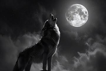 Lone wolf is howling at the full moon in a dark starry night