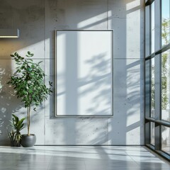 Empty Poster Frame on a Modern Office Wall, Natural Light from Windows, Embracing the Concept of Advertising Space