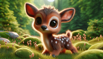 Fototapeta premium Adorable 3d furry deer with big eyes on grass in a forest