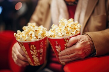 Elderly person holding two popcorn buckets in a cinema setting