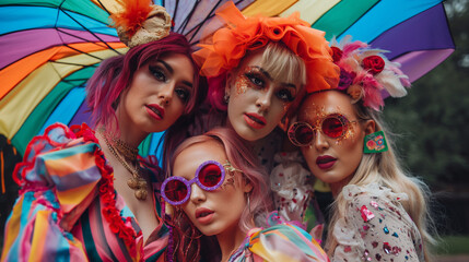 Obraz premium A beautifully colorful group portrait that showcases four stylish women joyfully standing together under a vibrant rainbow umbrella, perfectly embodying the spirit of friendship and joy in the moment