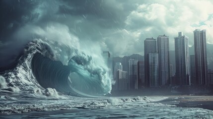 Dramatic disaster tsunami waves dangerous hit city skyscrapers buildings background wallpaper AI generated image
