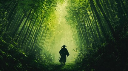 A lone samurai walking through a bamboo forest, with the tall, green stalks creating a peaceful atmosphere