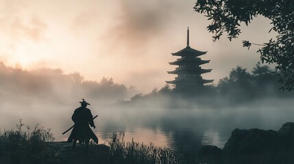 A samurai practicing his sword techniques on a misty morning, with a pagoda in the distance