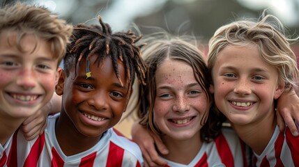 Fototapeta premium Four boys, in red and white striped soccer jerseys posing for the camera smiling with arms around each other